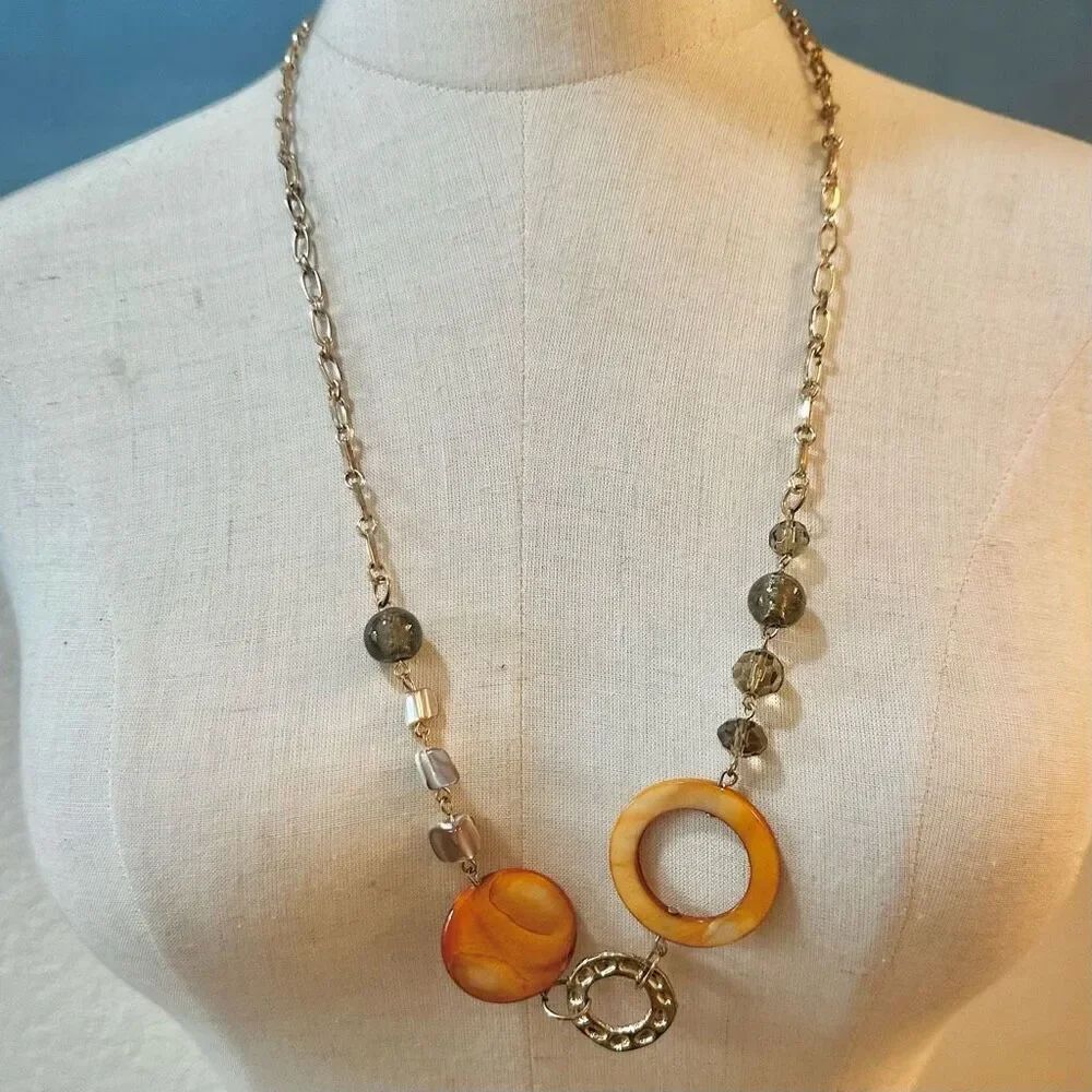 Gold tone orange abalone crystal beaded necklace